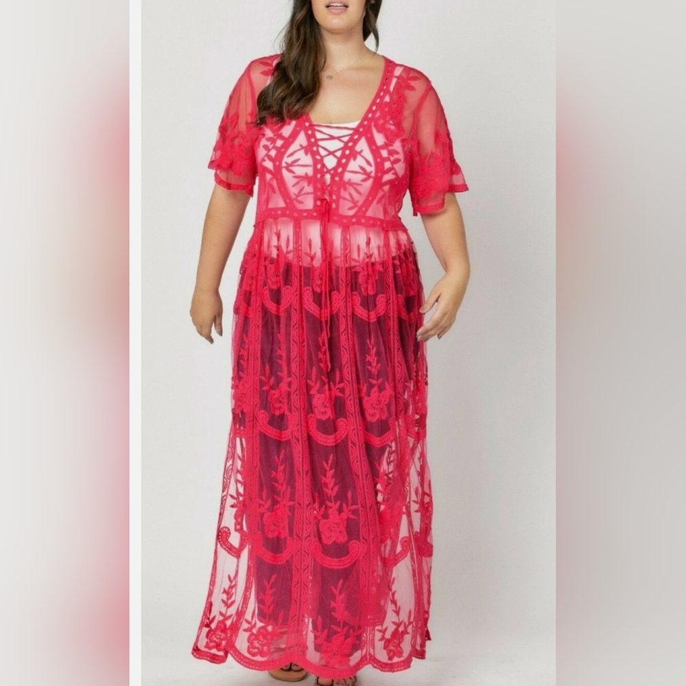 DAVI & DANI Fuchsia Lace Maxi Dress 1x NWT